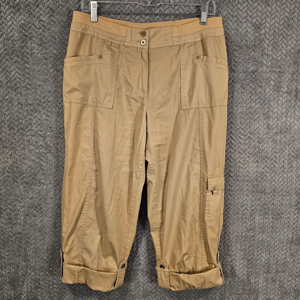 Boho Beach Khaki Cargo Capri Pants Women 4P Tan Utility Cropped Trousers Pockets
